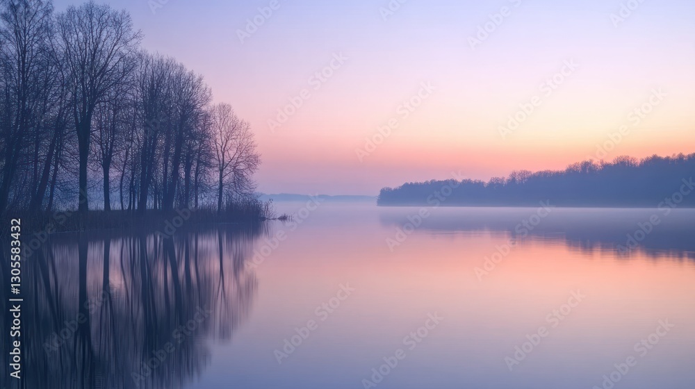 Poster trees beside the lake reflecting into the smooth serene waters at dawn