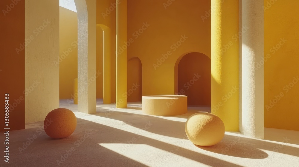 Poster abstract architectural scene with spheres and strong sunlight casting shadows