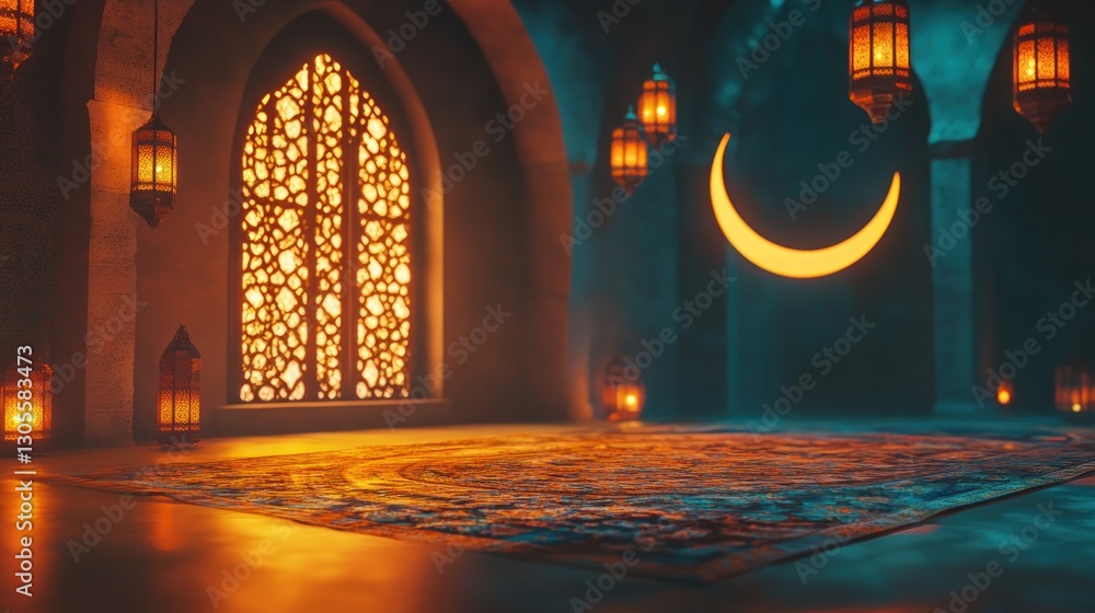 Aufkleber illuminated room features decorative lanterns and a large window design