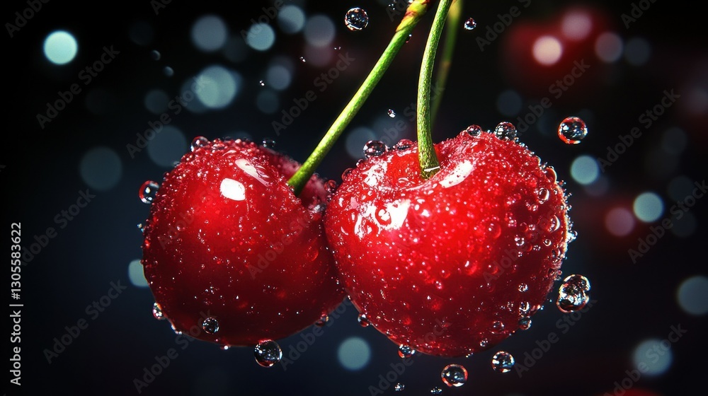 Poster two red cherries displayed against a dark background with water droplets