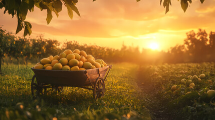 Natures abundance, a wheelbarrow full of ripe mangoes in an orchard at sunset, a beautiful setting for quotes on natures abundance. Abundance - Field. Illustration