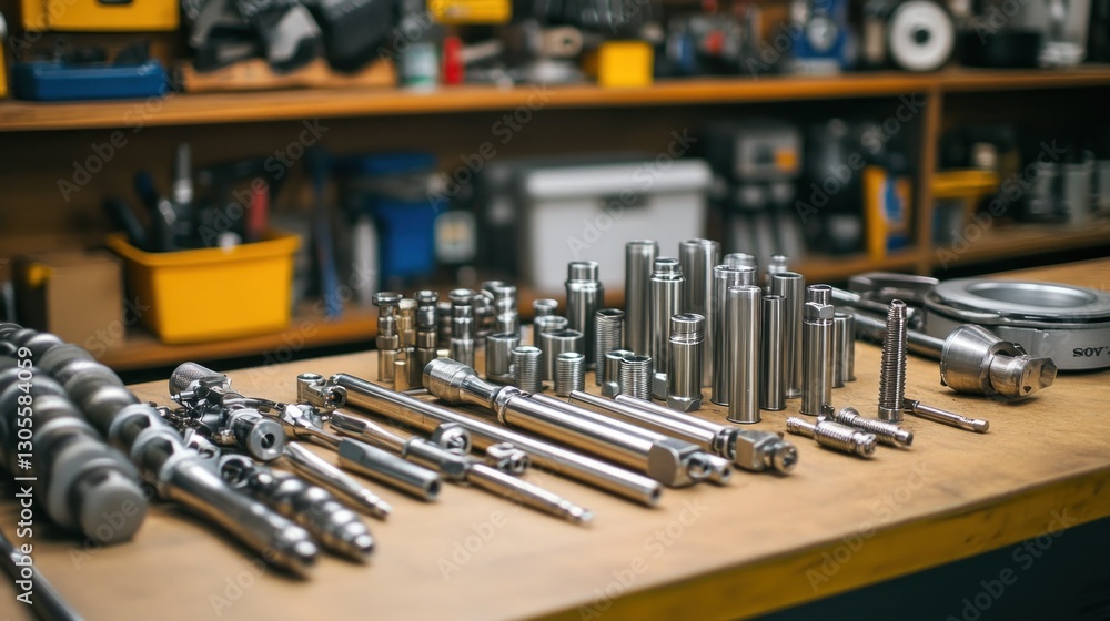 Poster Various Metallic Components Arranged on a Workbench In a Workshop