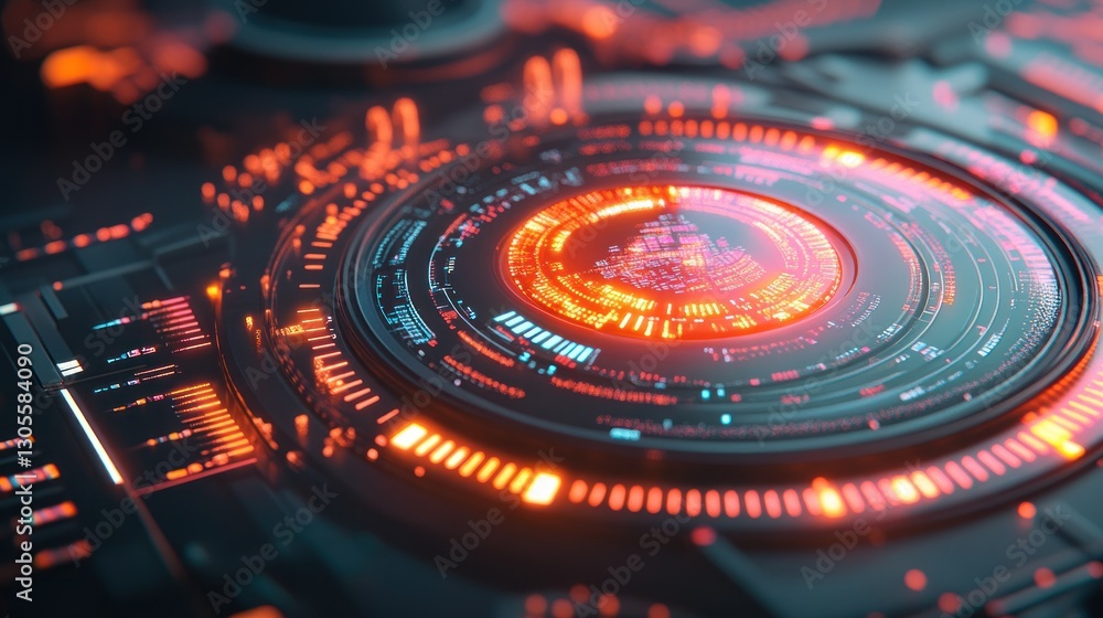 Poster detailed view of a high tech digital circuit glowing brightly