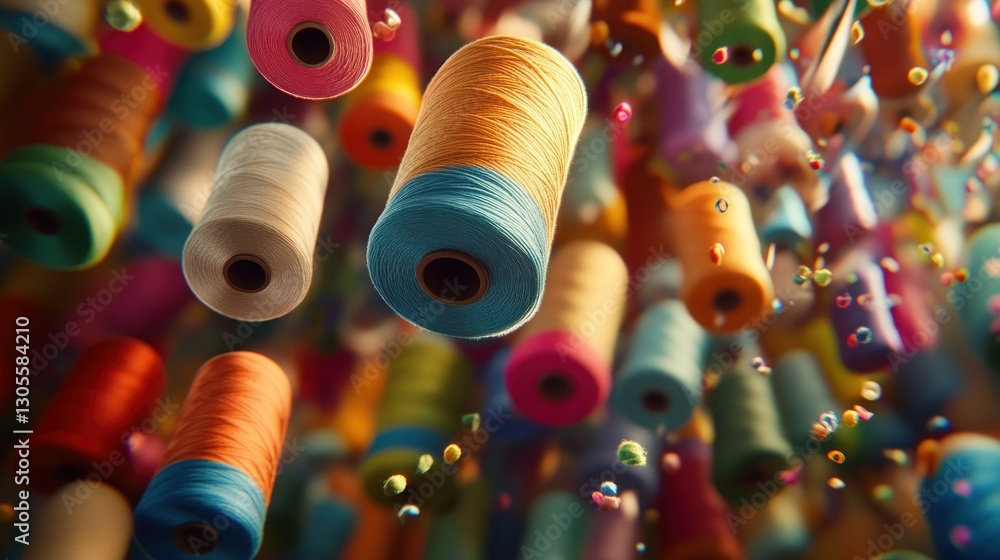 Poster A close up view of floating colorful thread spools