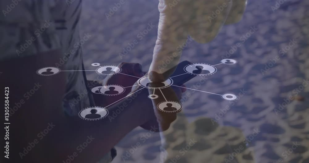 Poster touching smartphone, animation of network connections and data processing overlay