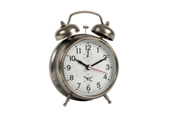 Vintage metal alarm clock with two bells, white face, black numbers, and red second hand, perfect for home or office decoration