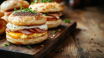 breakfast sandwiches, english muffin breakfast sandwiches with egg, ham, and cheese displayed on a wooden table, with space for text