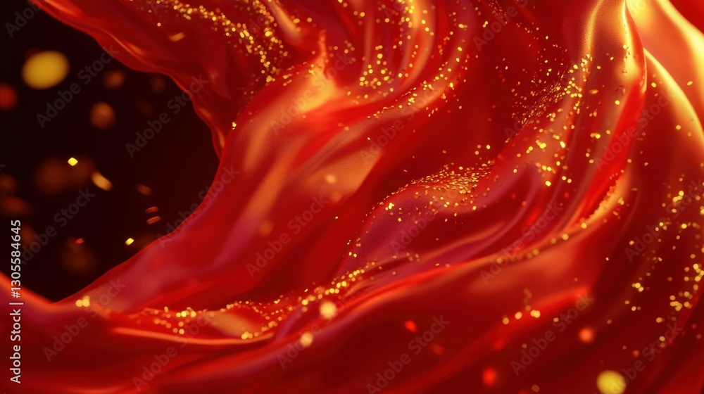Aufkleber a flowing abstract red fabric with golden particles shining softly