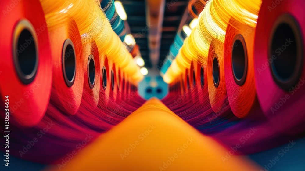 Poster colorful spools of threads aligned in a manufacturing perspective