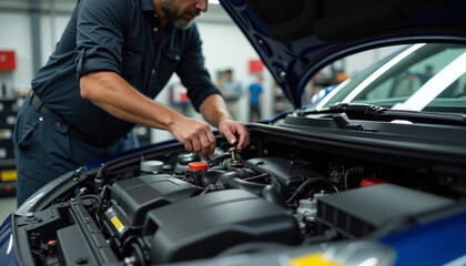Mechanic working on car engine in garage
