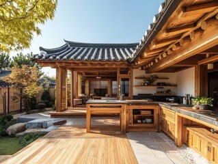 Naklejka premium Traditional wooden home with outdoor kitchen and garden area is shown