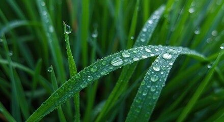 Naklejka premium Close-up of Green Grass Blades Covered in Sparkling Water Droplets