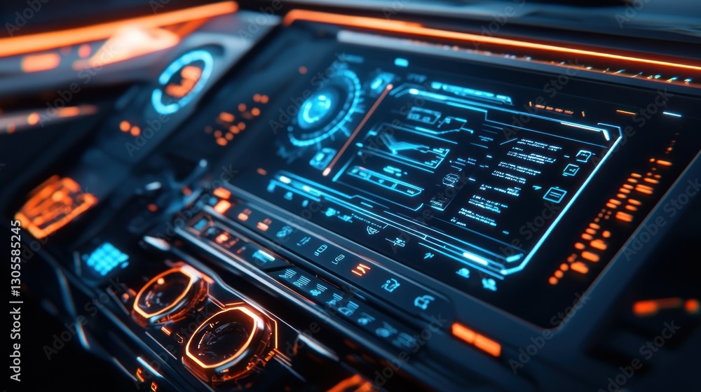 Poster Futuristic Cockpit Interface Showing Various Displays And Control Panels