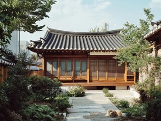 Fototapeta premium A traditional wooden building with intricate architectural details in the garden