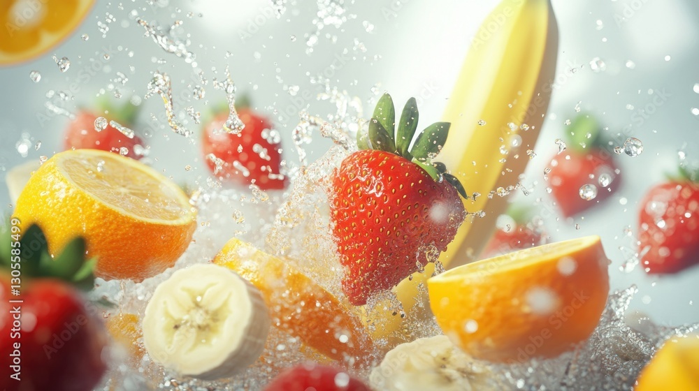 Poster fresh fruit surrounded by water splashes in a dynamic composition