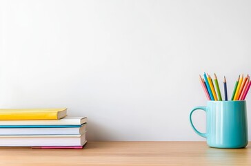 Fototapeta premium Minimalist workspace featuring a vibrant collection of pencils, books, and a coffee mug on a wooden desk