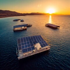 Low-poly floating climate refugee housing, modular solar units, desalination vapor trails, golden...