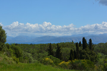 Tranquil view of the Kato Korakiana forest in Corfu Island. A horizontal and serene landscape with a green meadow, mountains, and the Ionian Sea in the background.
