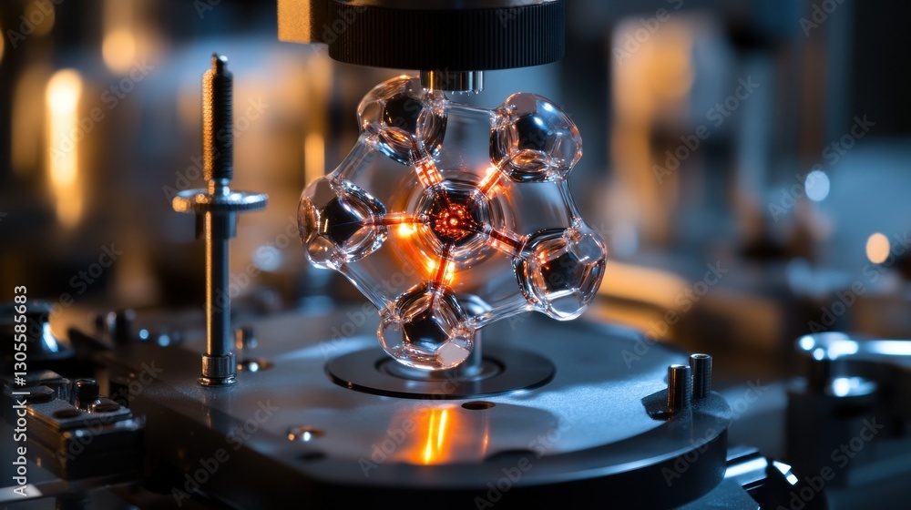 Poster A glowing molecular structure is held within a laboratory machine setup