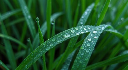 Close-up of Green Grass Blades with Water Droplets After the Rain