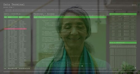 Elderly woman using animation with digital data interface overlay - Powered by Adobe