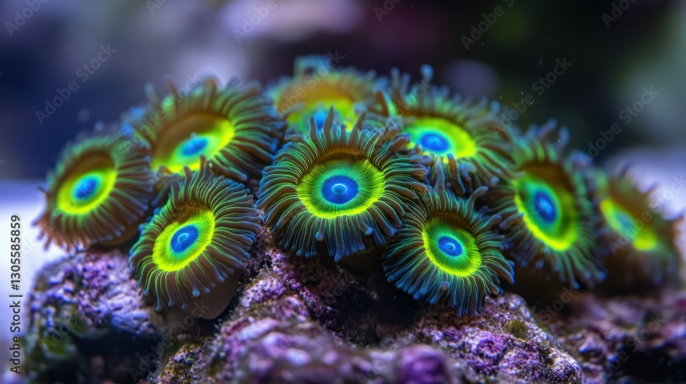 Aufkleber vibrant zoanthid corals resting on a colorful textured stone surface