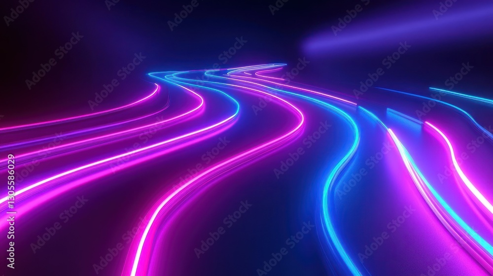 Poster Curved Lines Of Neon Light Representing Digital Data Flow