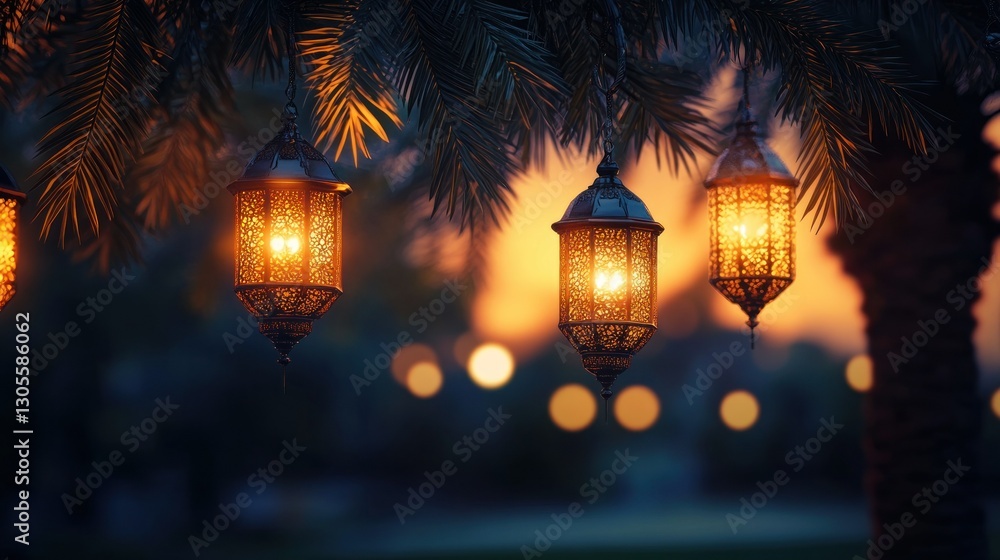 Poster Ornate Lanterns Hanging Under Palm Branches During Evening Hours