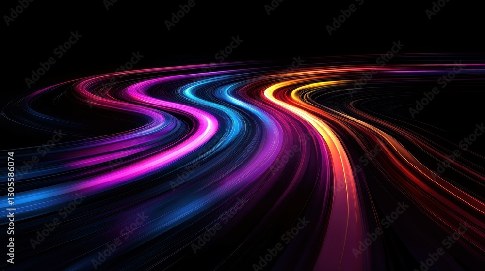 Poster colorful light trails flowing across a dark background abstractly