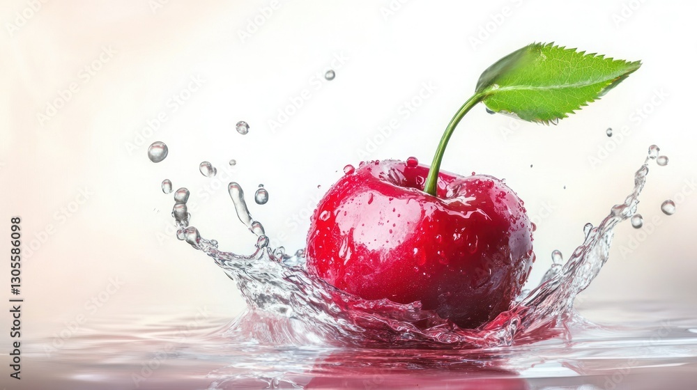 Poster a red cherry splashing into water displaying water droplets