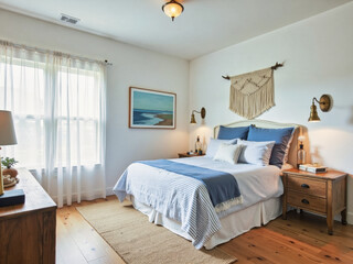 Cozy bedroom with blue and white striped bedding, macrame wall hanging, and brass sconces.