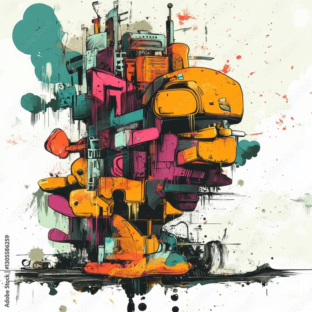 Aufkleber a colorful abstract structure composed of geometric shapes and splatters