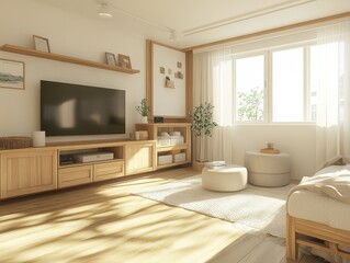 A well lit modern living room with wooden furniture