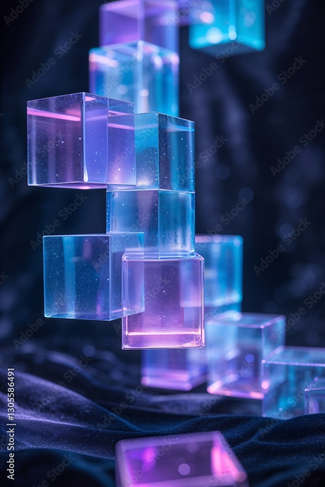 Poster floating translucent blocks create a mesmerizing visual effect with vibrant colors against a dark ba
