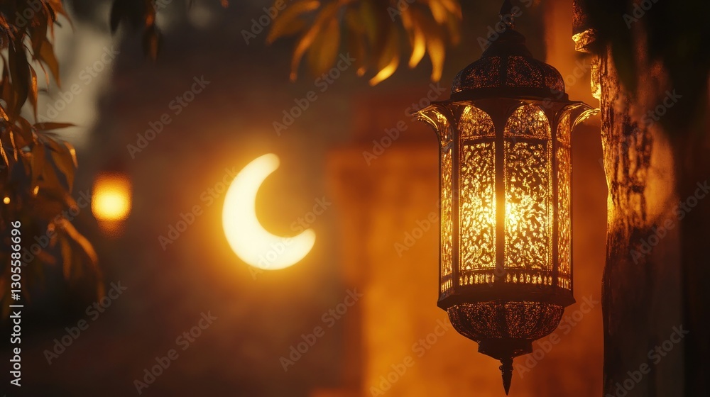 Poster a beautiful lantern hangs near a glowing crescent moon display