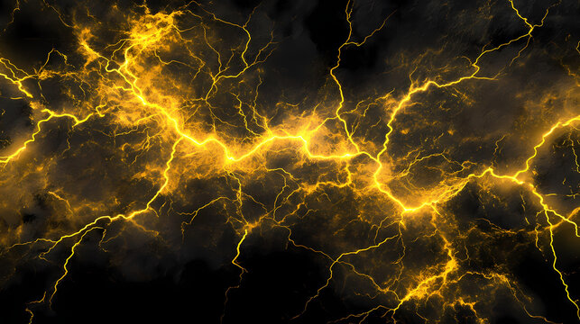 A black and yellow background with an abundance of yellow lightning in the center, or a black backdrop featuring ample yellow lightning in the focal point. Abundance - Field. Illustration