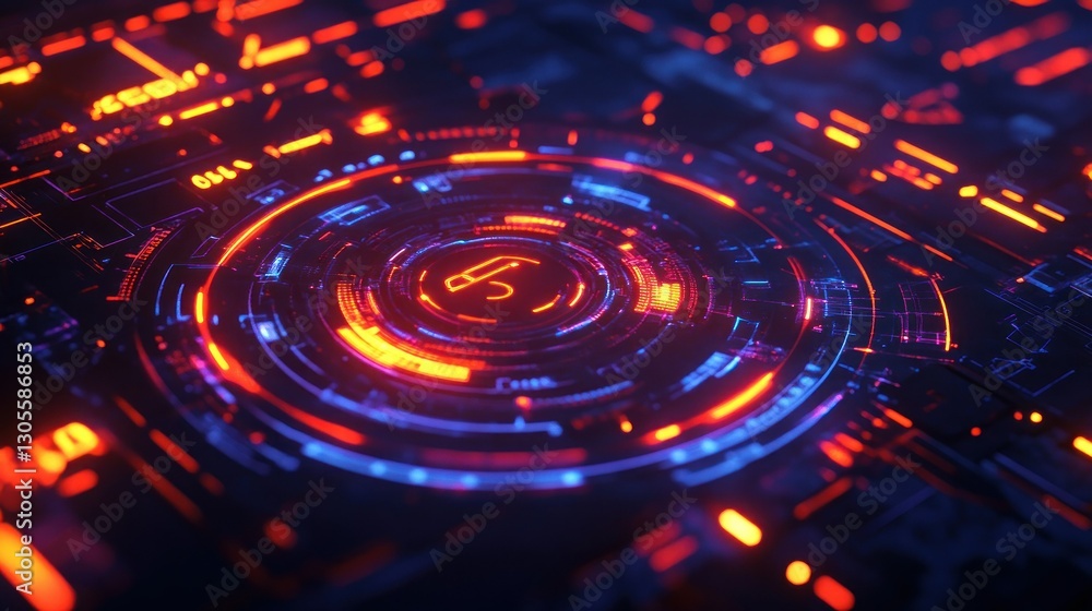 Poster Futuristic digital interface showing glowing circles and technological data lines