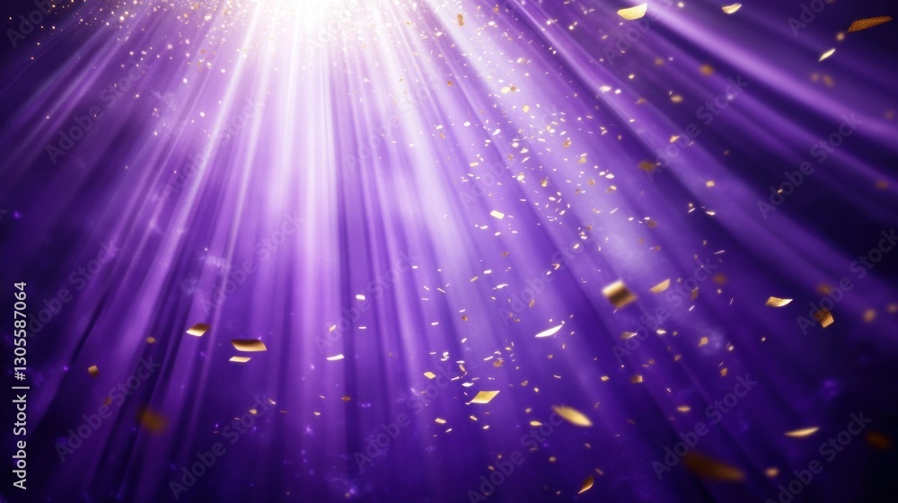 Poster purple light rays shine down with golden confetti particles floating