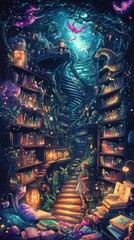 Magical Forest Library Lit With Lanterns And Spiral Staircase