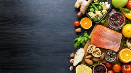 Fresh ingredients arranged on a wooden board.