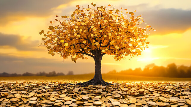 A family tree with gold coins as leaves, representing planned generational wealth. Abundance - Field. Illustration