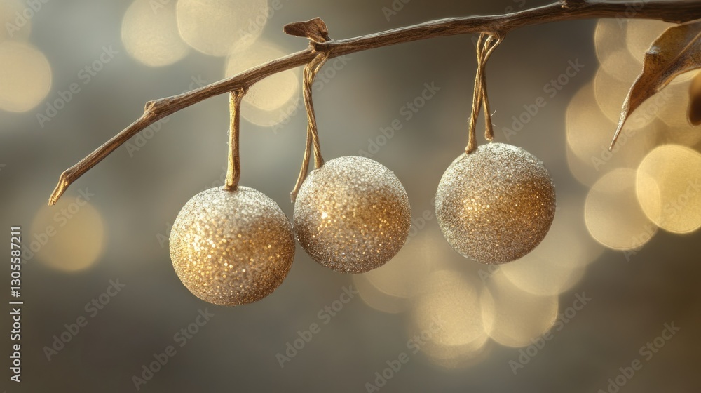Poster Three sparkling ornaments hanging from a thin brown branch