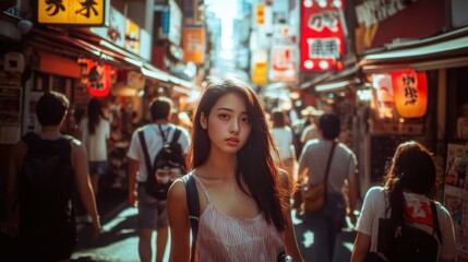 Fototapeta premium The beautiful woman stands amidst a busy vibrant Japanese street