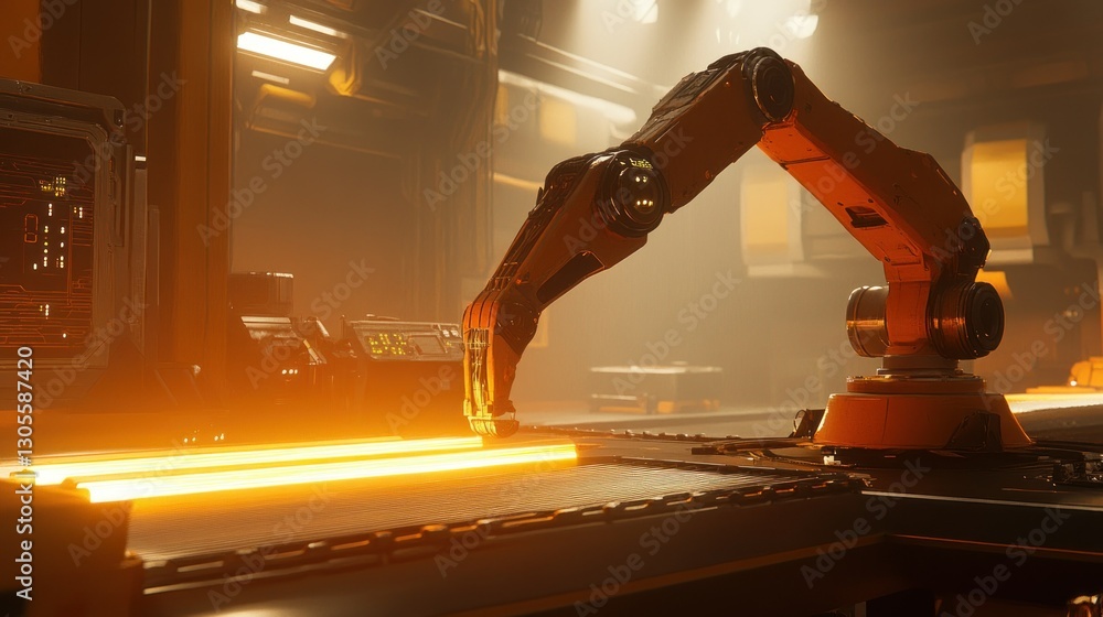 Poster the industrial robot arm is working in a production factory