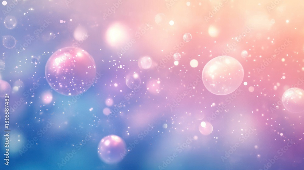 Poster Sparkling iridescent bubbles floating in a dreamy celestial background