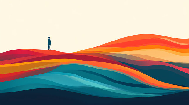 A person standing on a hilltop with a vast, colorful landscape below, symbolizing the limitless possibilities of an abundance mindset. Abundance - Field. Illustration