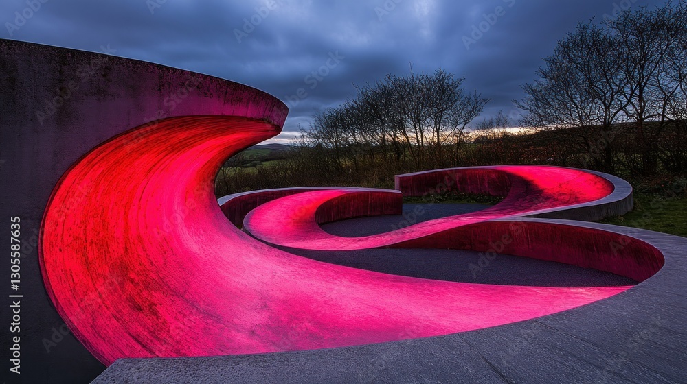 Poster illuminated concrete sculpture with curved design at dusk under cloudy sky