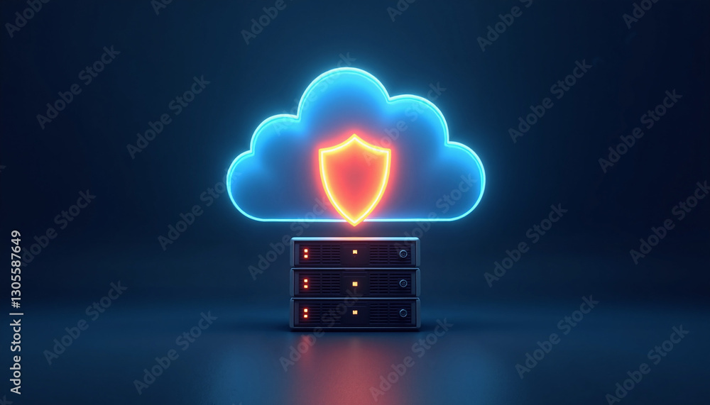 Poster cloud storage with shield icon and server rack backdrop