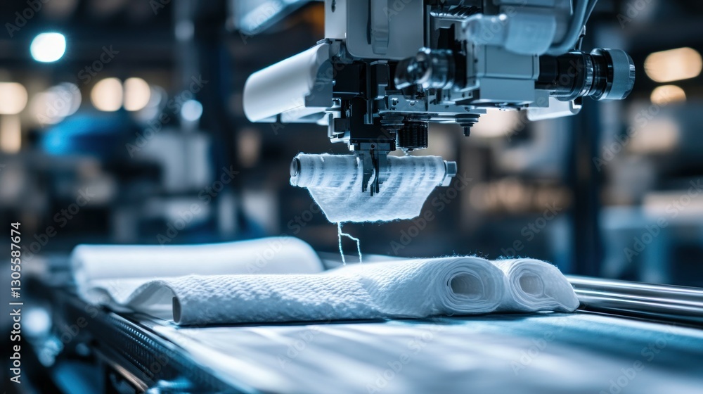 Poster An automated machine sews white fabric in a factory setting
