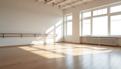 Empty dance studio with natural light and wooden floor